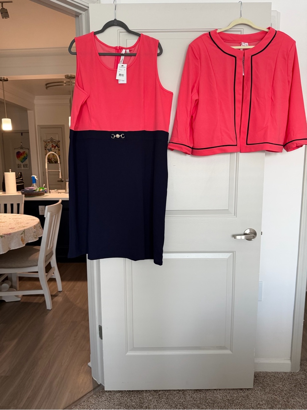 NY Collection Coral and Navy Midi Dress with Matching Coral Jacket